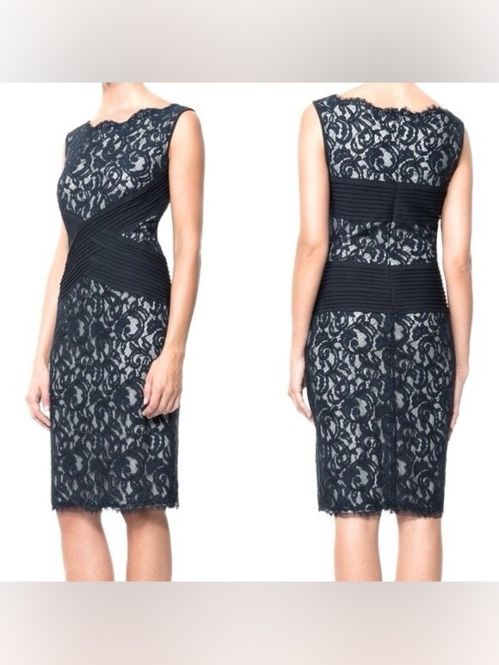 Tadashi Shoji Navy Ivory Lace Sheath Dress Size 4 Pintuck Ruched Waist Cocktail